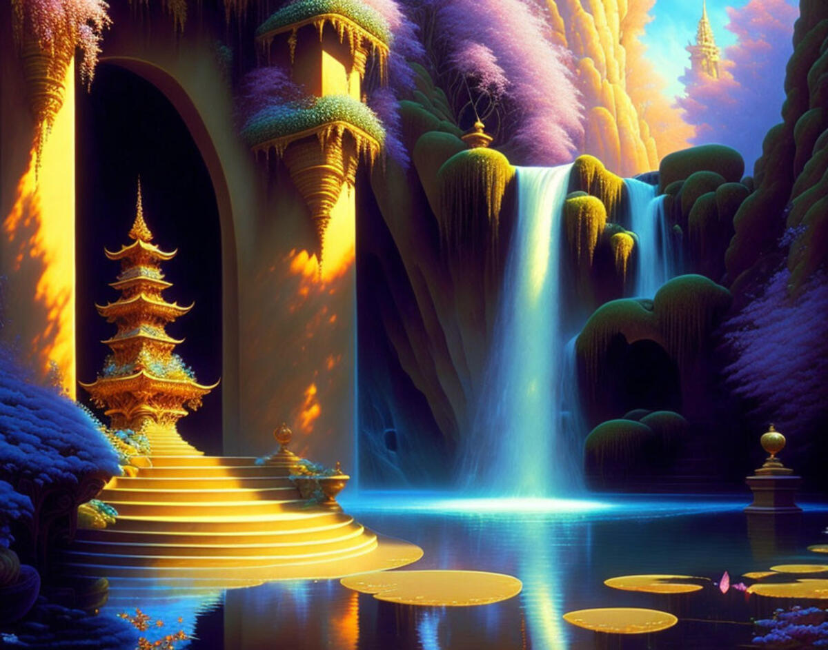 Рисунок храма со ступеньками идущими в пруд с водопадом