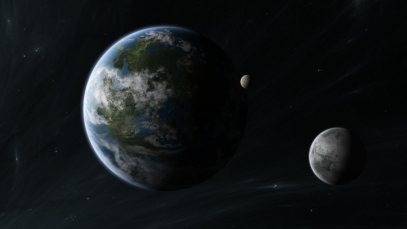 Бесплатное фото Землеподобная планета с двумя небольшими лунами