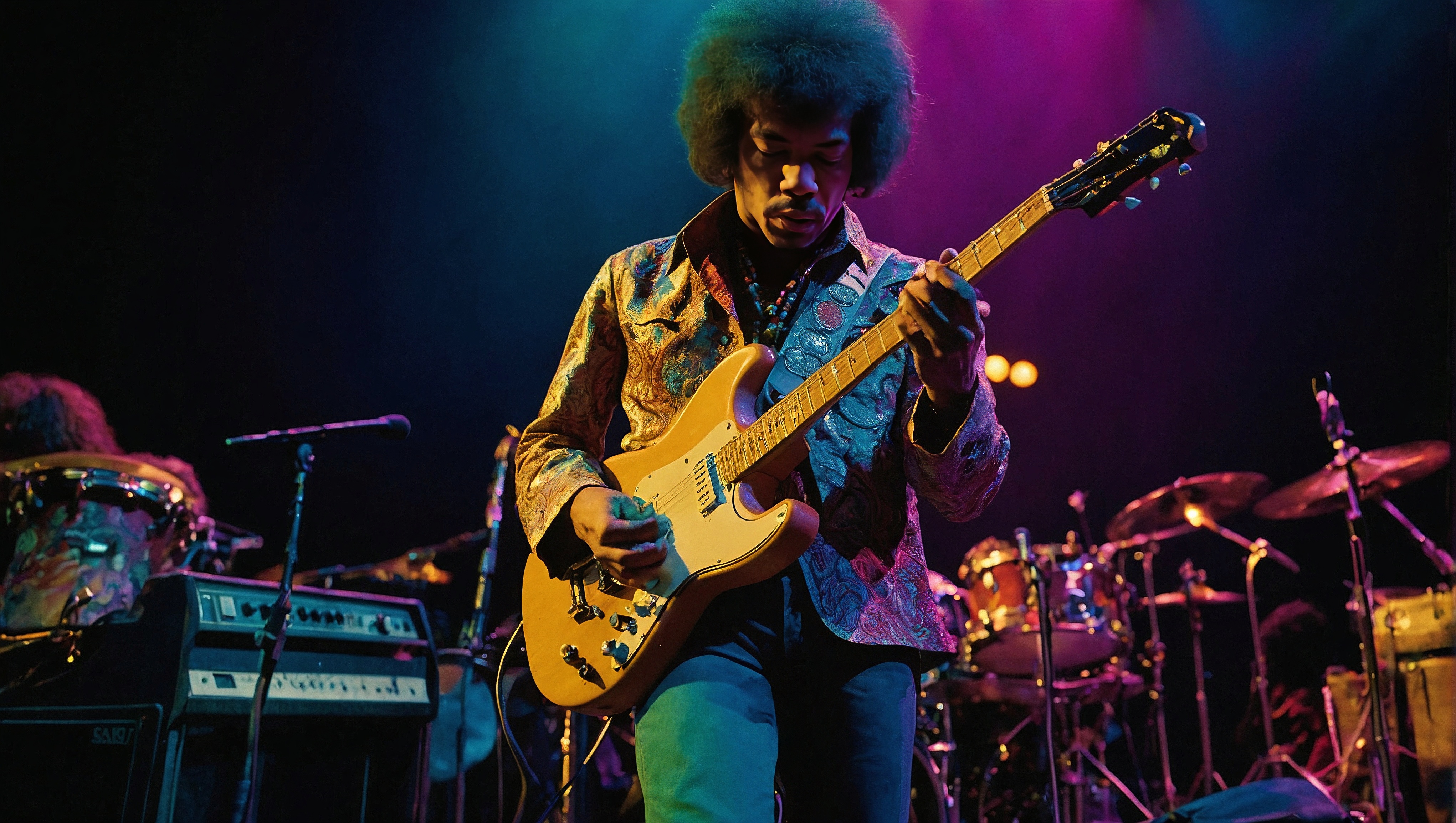 紫色灯光背景下，一名男子在舞台上弹吉他