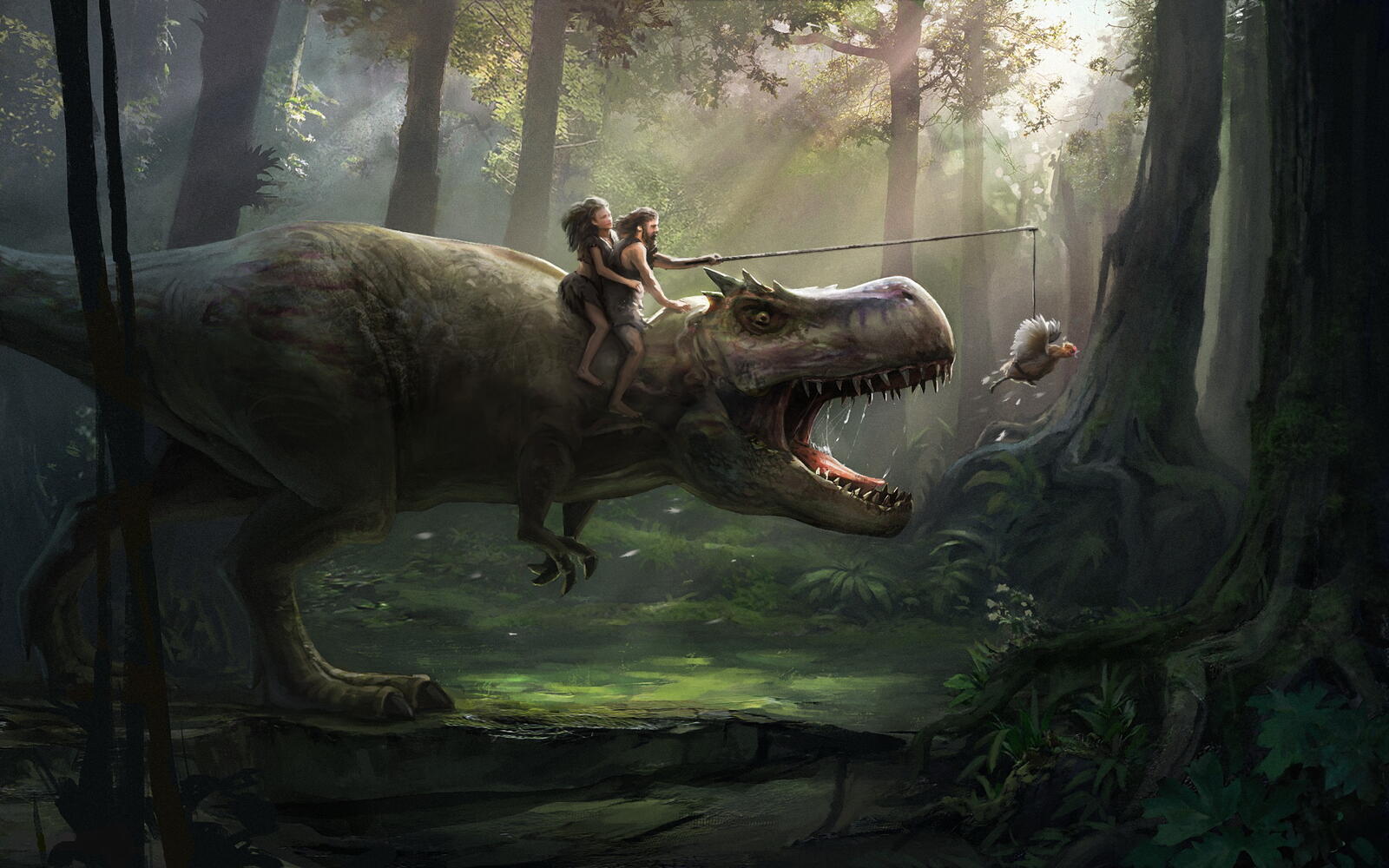 Бесплатное фото Древние люди на динозавре верхом