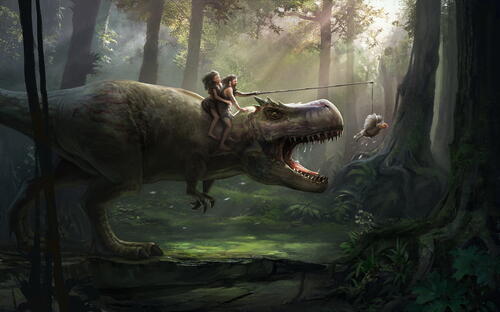 Ancient people on a dinosaur ride