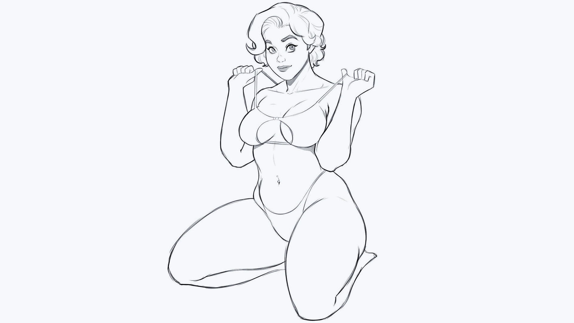 Drawing of Stefania Ferrario sitting on her knees on a white background