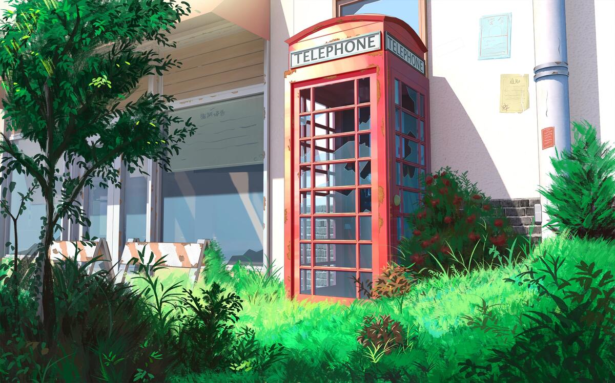 Красная телефонная будка на мультяшной картинке