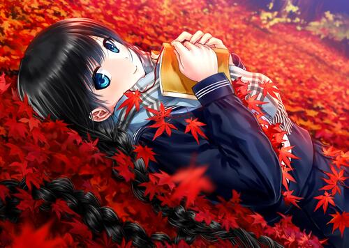 Аниме девочка лежит на кленовых красных листьях