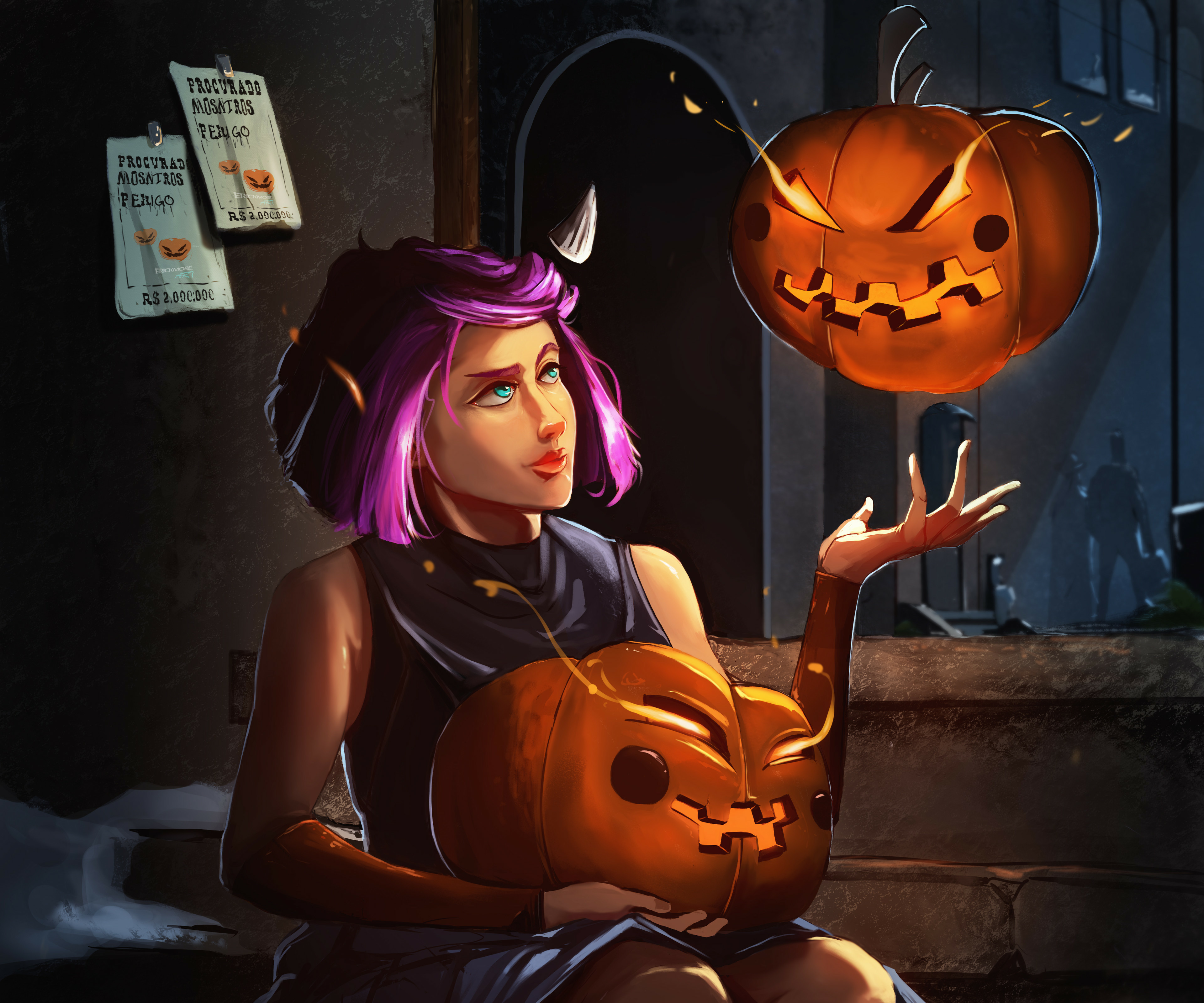 Бесплатное фото Девочка с тыквами на праздник хэллоуин