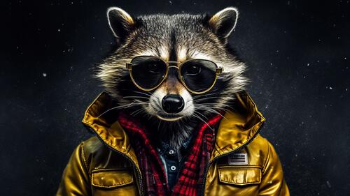 Raccoon in a jacket and sunglasses.