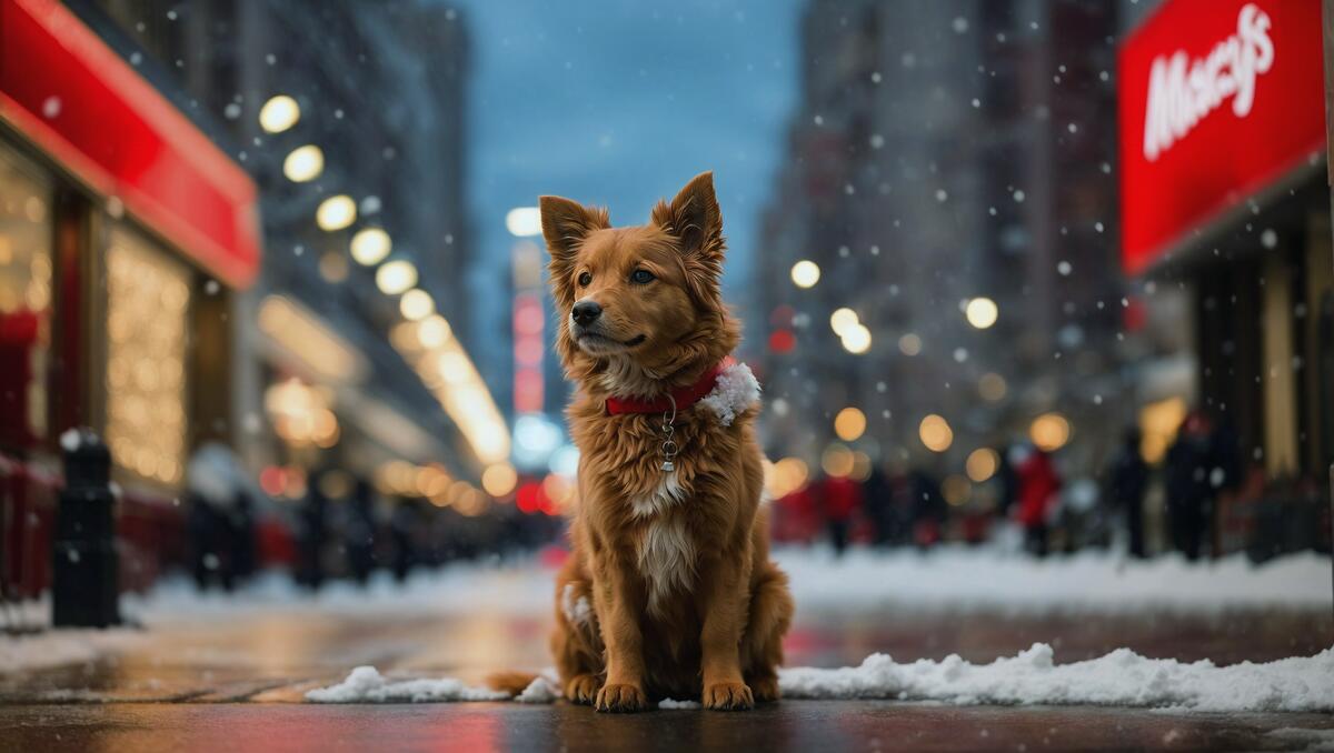 На тротуаре в снегу сидит коричневая собака.