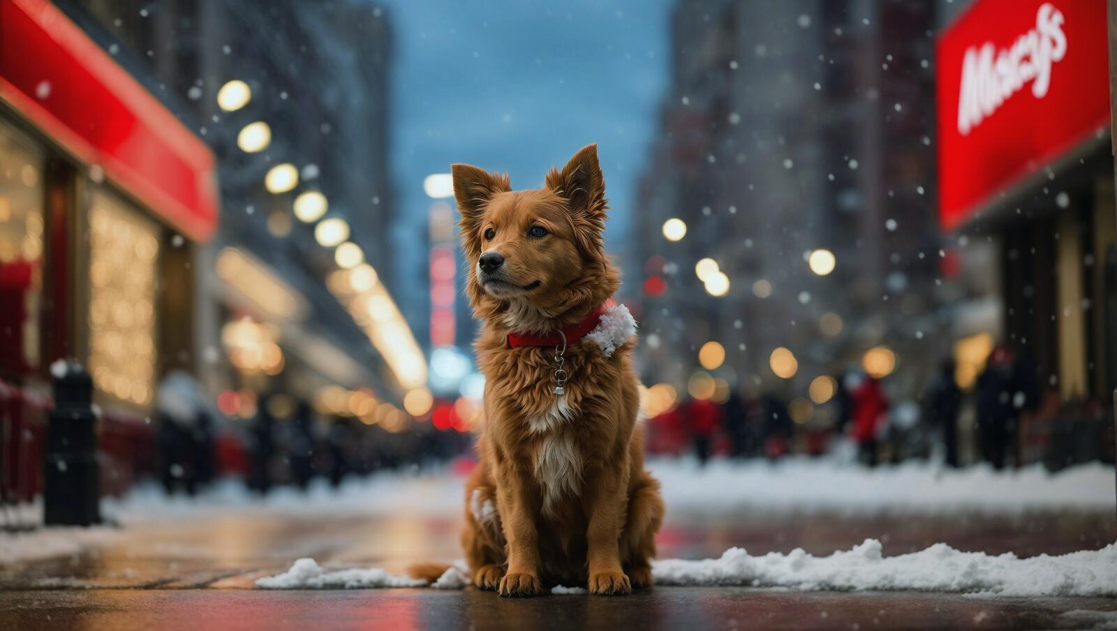 Бесплатное фото На тротуаре в снегу сидит коричневая собака.