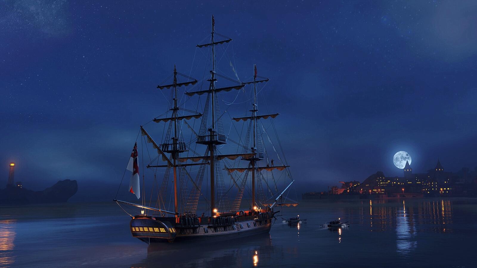 免费照片一艘帆船在夜间抛锚