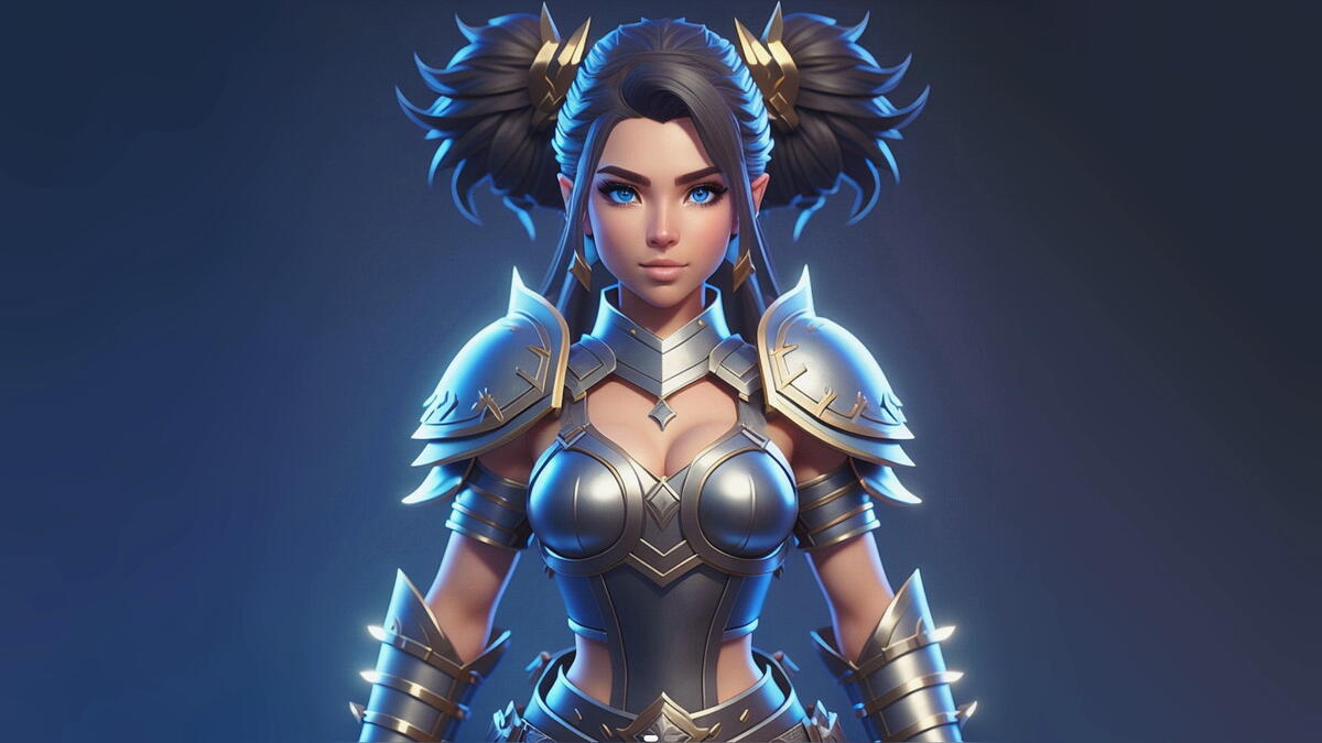 Drawing of a girl warrior standing in armor on a blue background