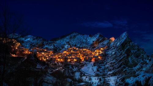 A mountain village in the night