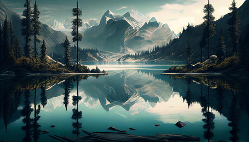Картина с изображением горного озера с горой на заднем плане