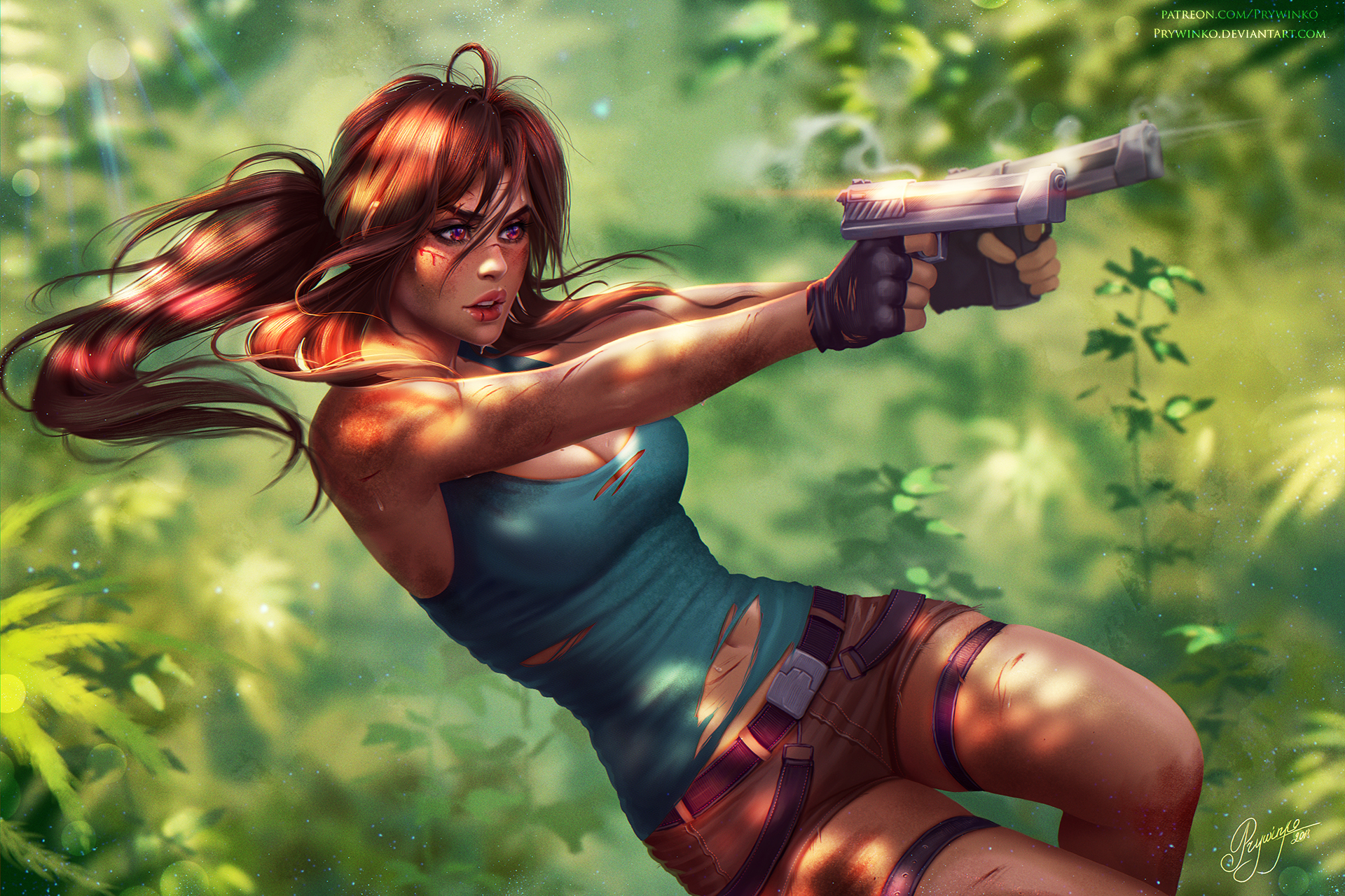 Drawing of Lara Croft girl in the jungle with guns