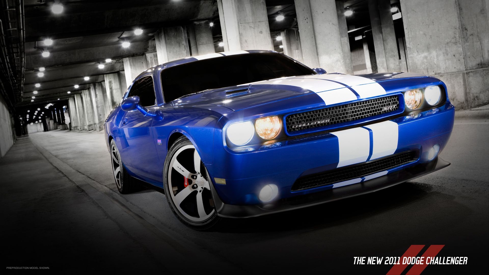 Blue with white stripes Dodge Challenger SRT.