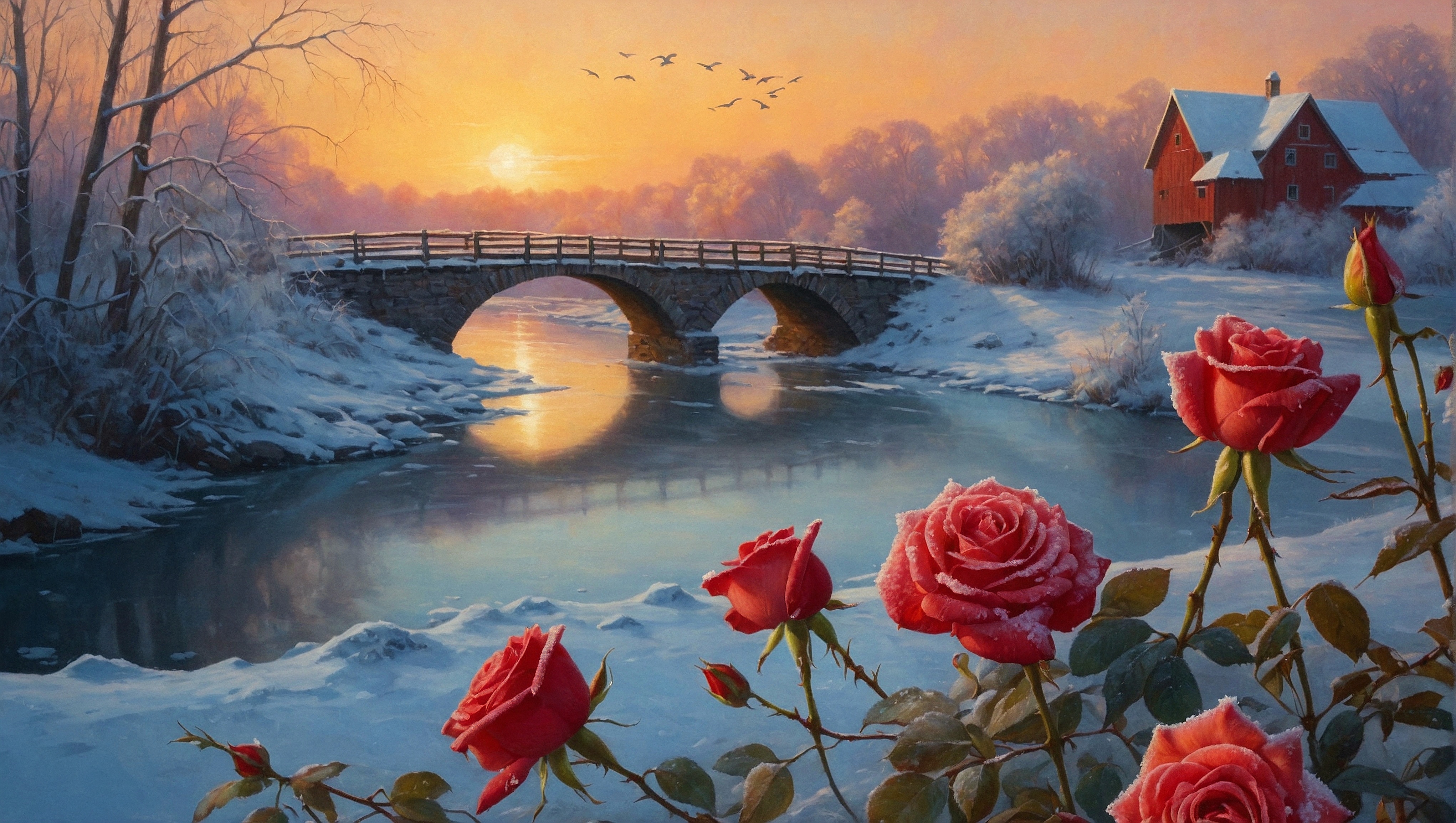 Free photo Painting of a beautiful scene of a sunset, roses and bridge