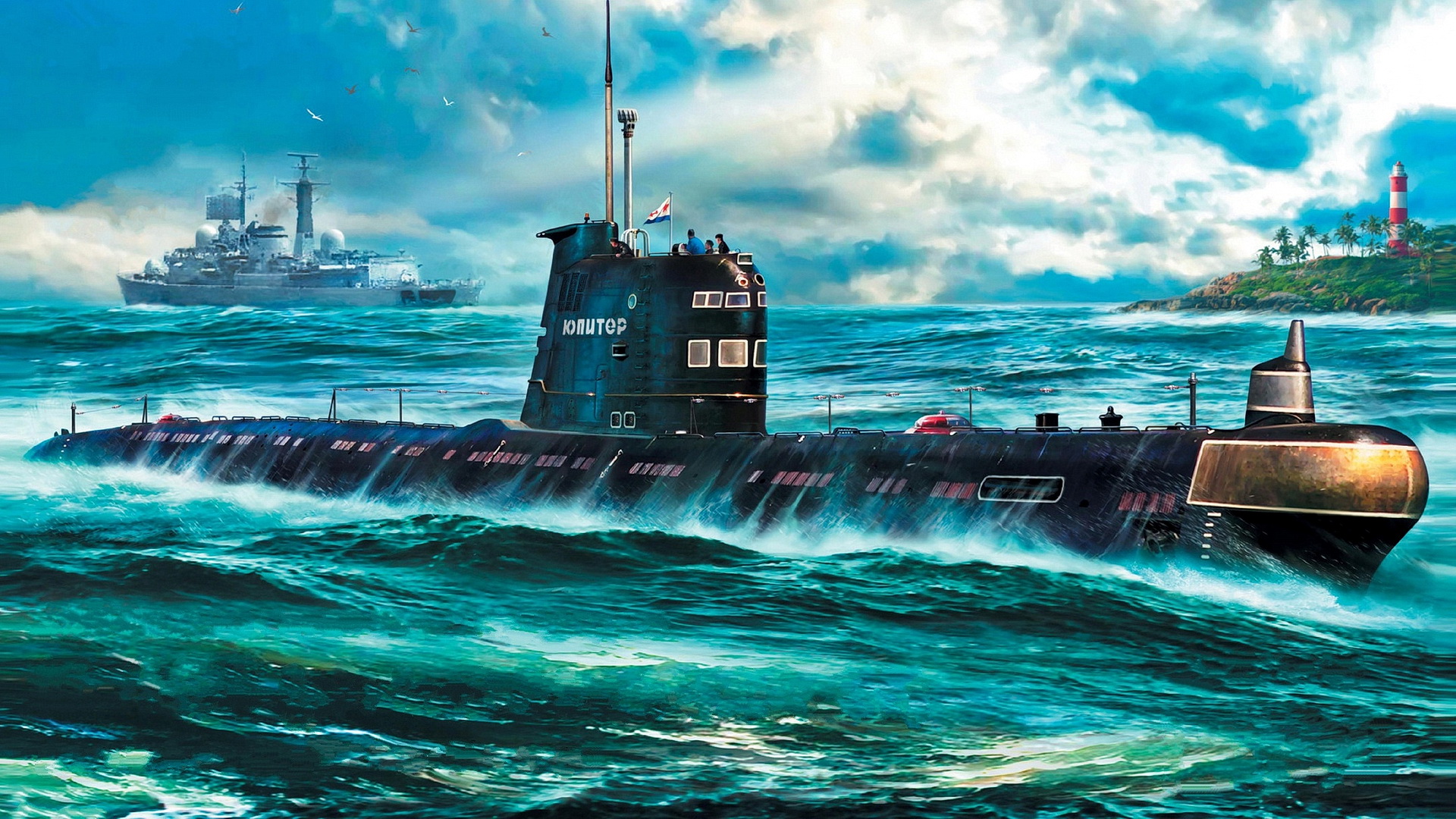 Free photo Drawing of a Soviet submarine and the sea