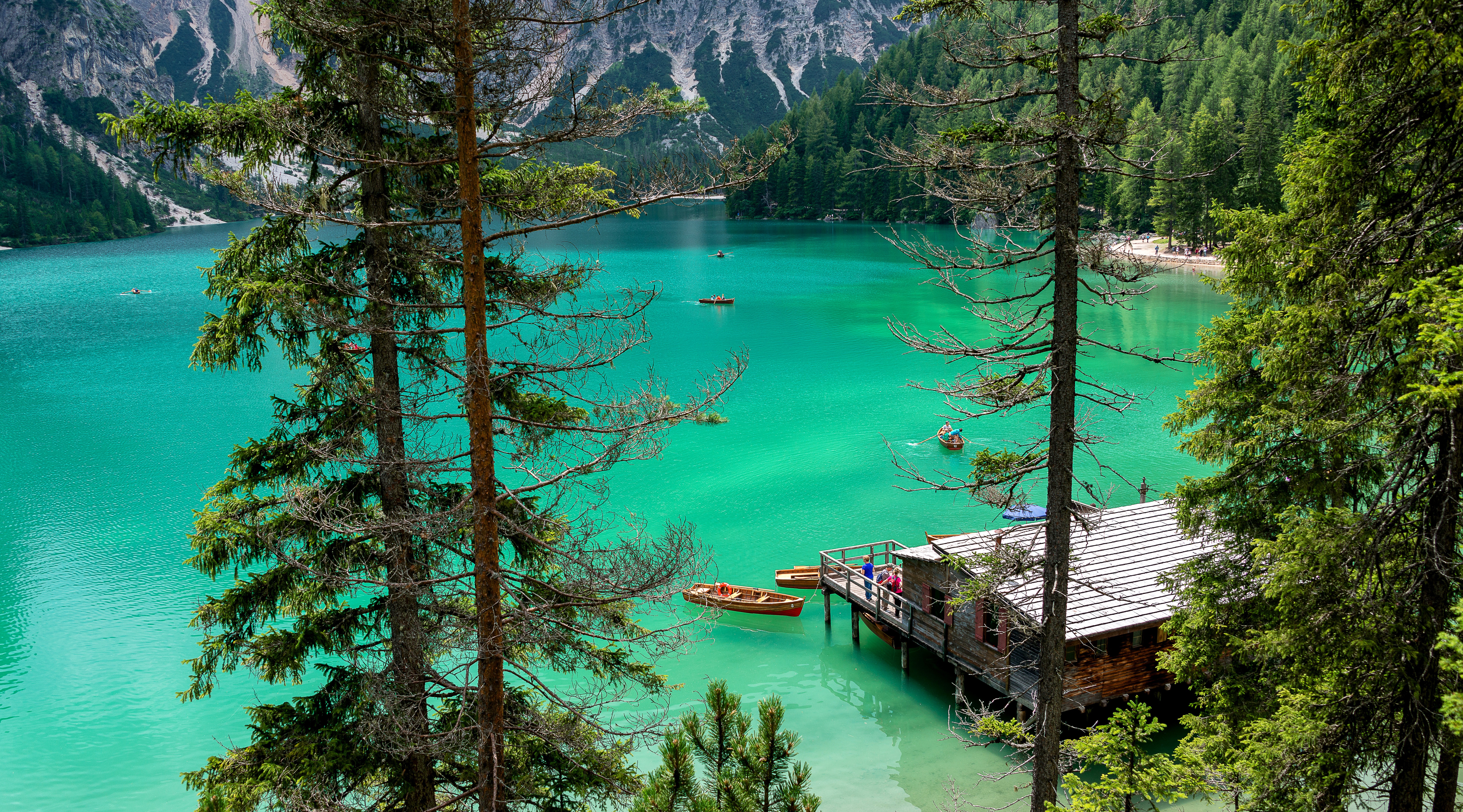 在美丽的绿色湖泊上有船的木制房屋