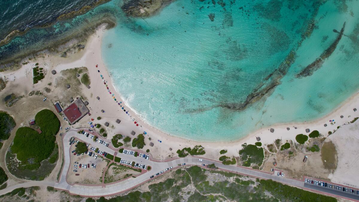 A drone from high above captures the beach by the sea