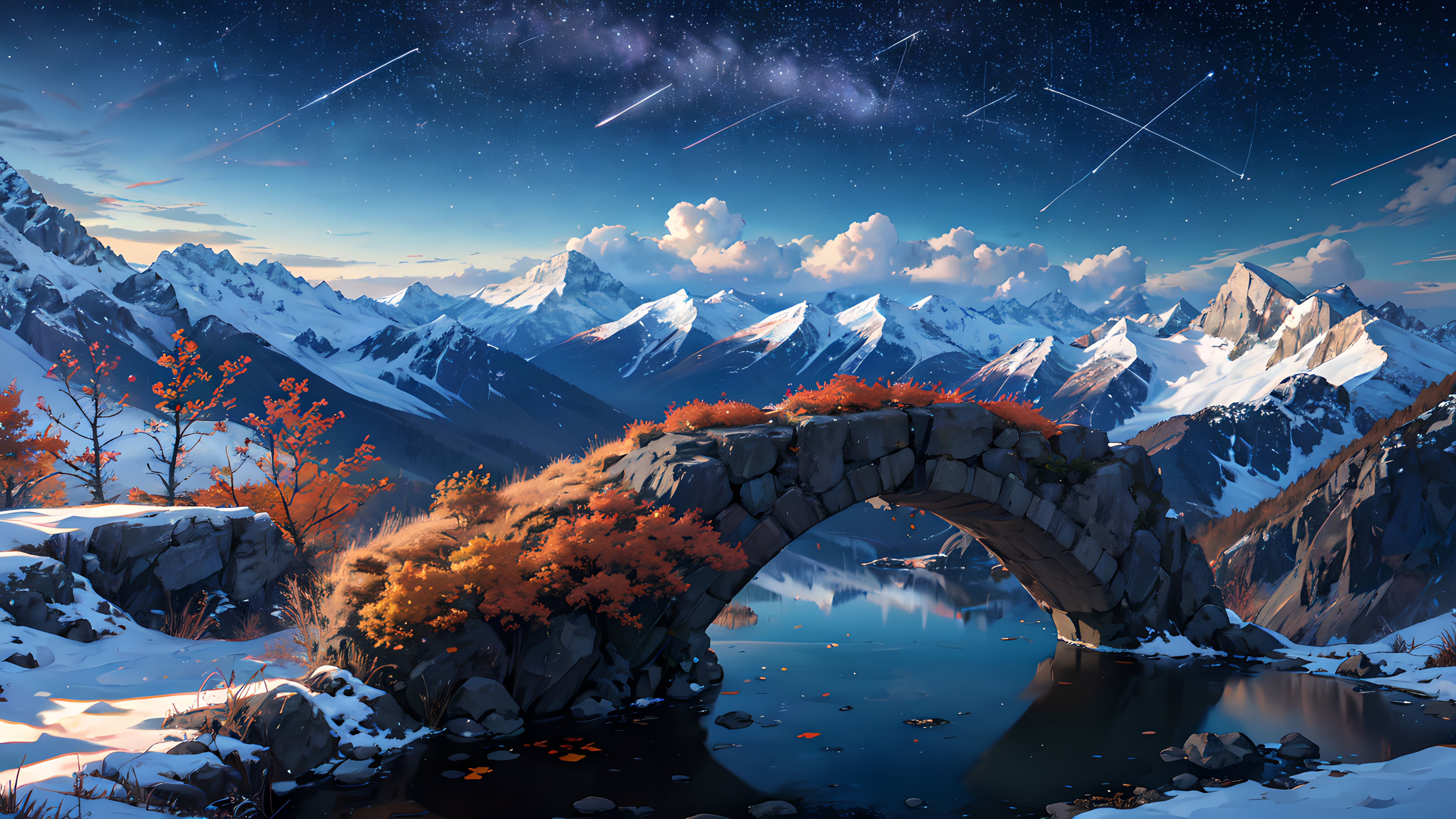 Рисунок пейзажа с изображением каменного моста