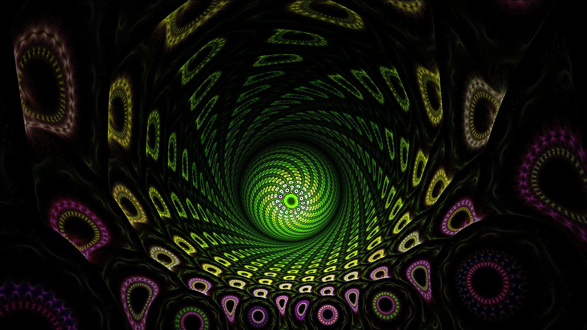 Green fractal with a swirling funnel