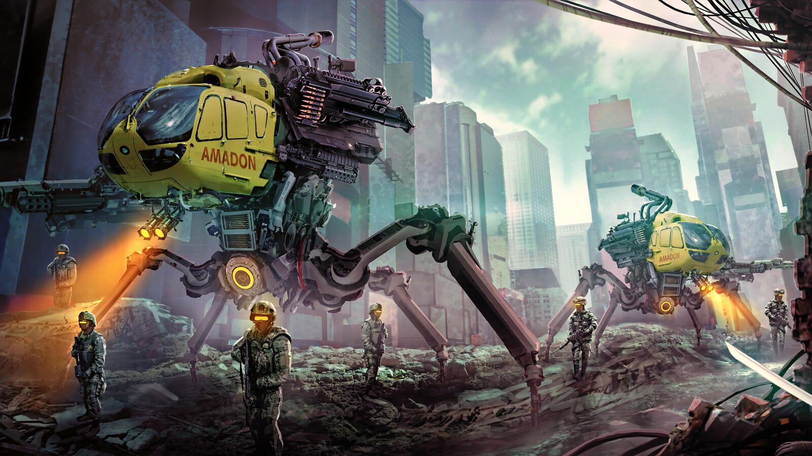 Бесплатное фото Рендеринг картинка с роботами в разрушенном городе
