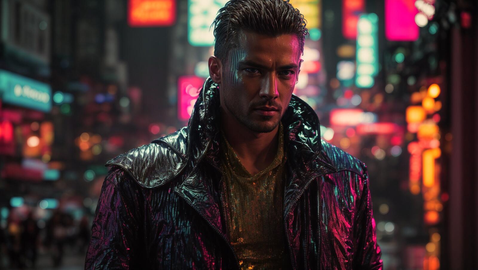 Бесплатное фото Мужчина в куртке стоит посреди ночного города.