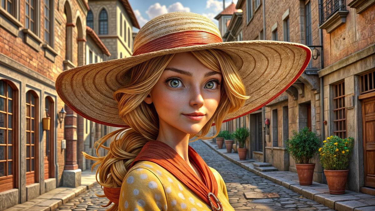A girl in a hat and dress stands on a city street