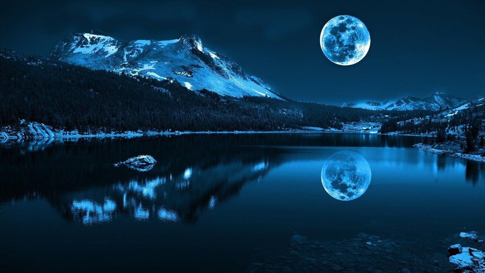 Бесплатное фото Большая круглая луна отражается в озере