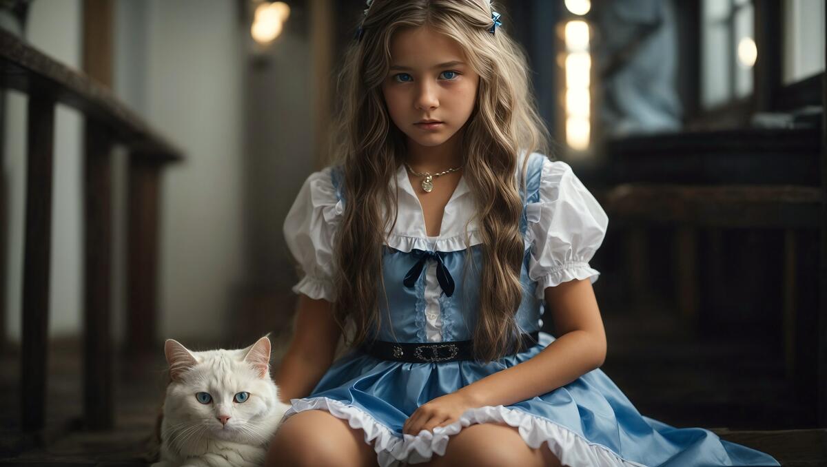 A young girl in period costume sits next to a cat