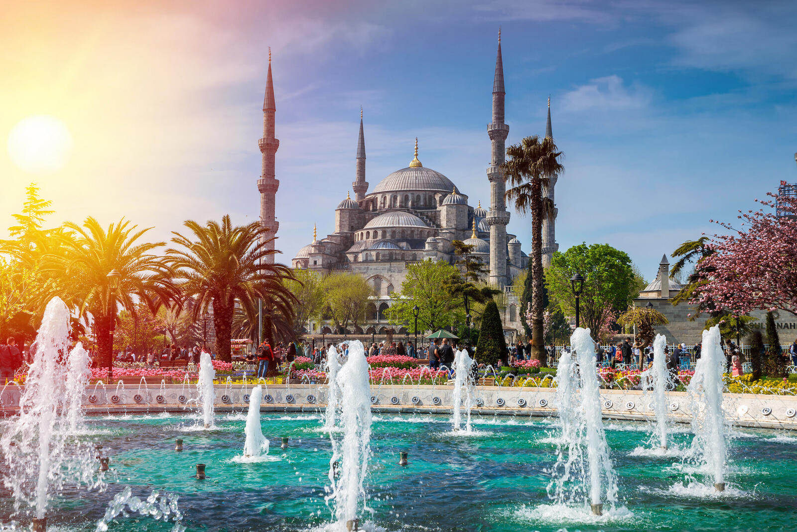 Бесплатное фото Красивый фонтан на фоне большой мечети в Турции