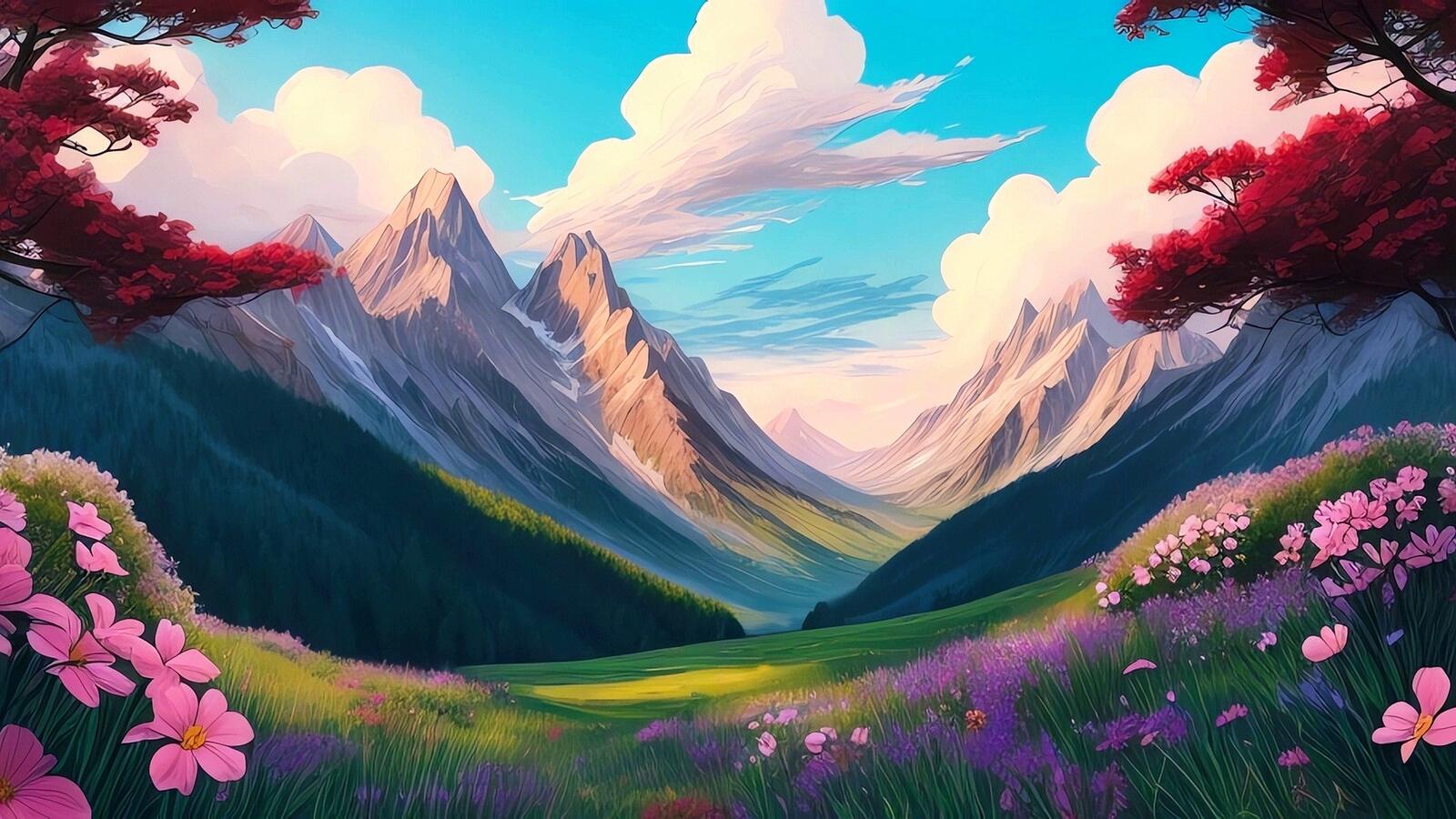 Бесплатное фото Рисунок пейзаж горы и горные луга