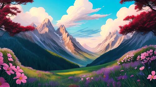 Рисунок пейзаж горы и горные луга