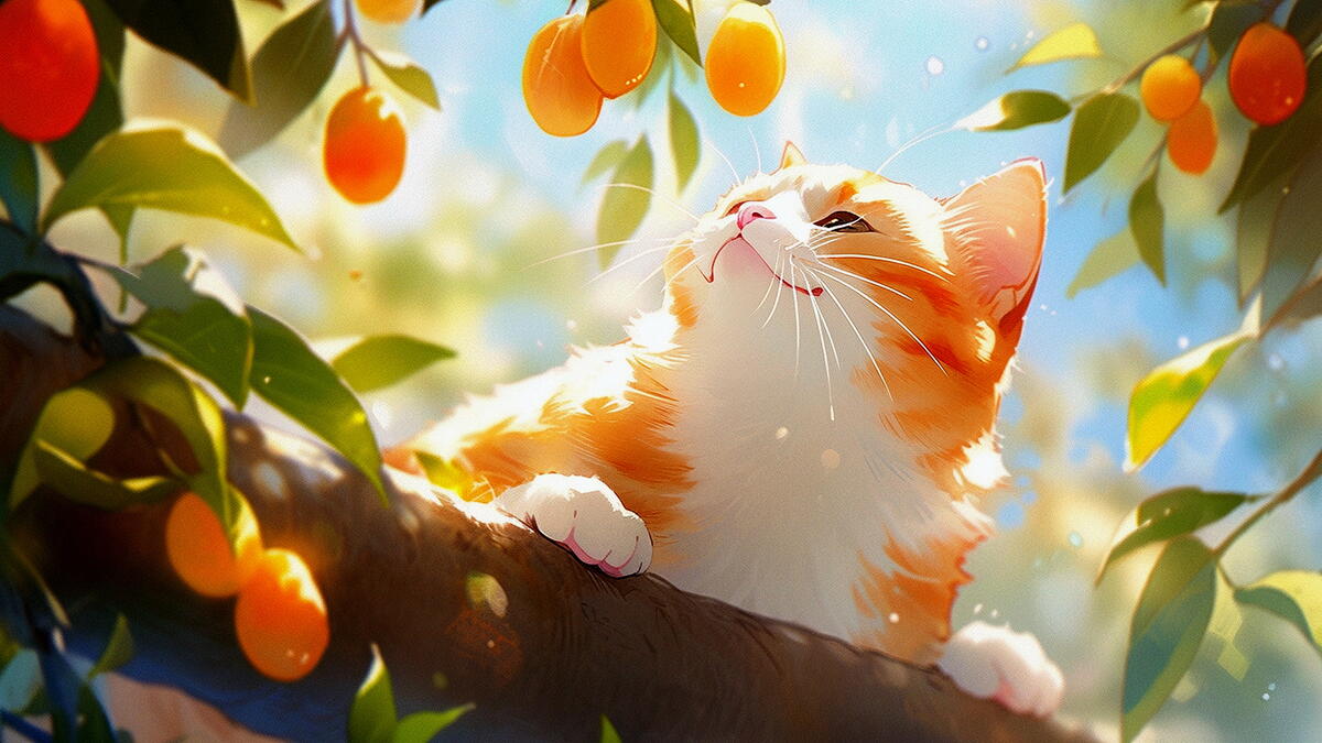 Рисунок рыжий кот на абрикосовом дереве
