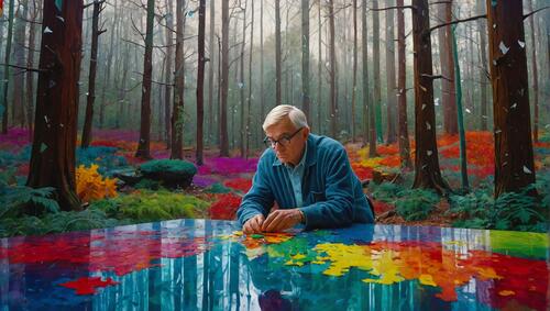 An older man sitting on a colorful surface in the middle of the woods