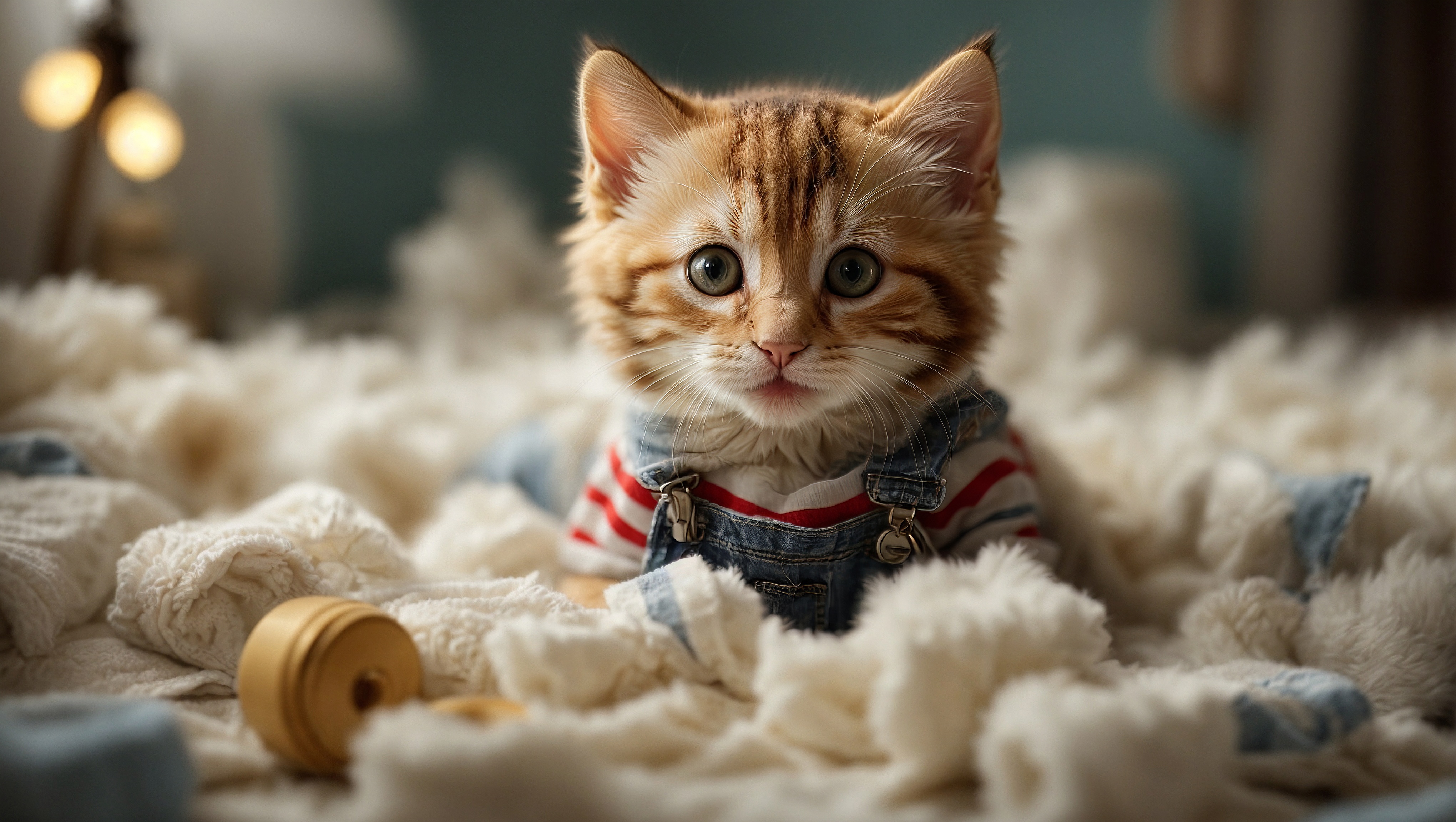Free photo Small orange kitten dressed in overalls on top of a pile of knit