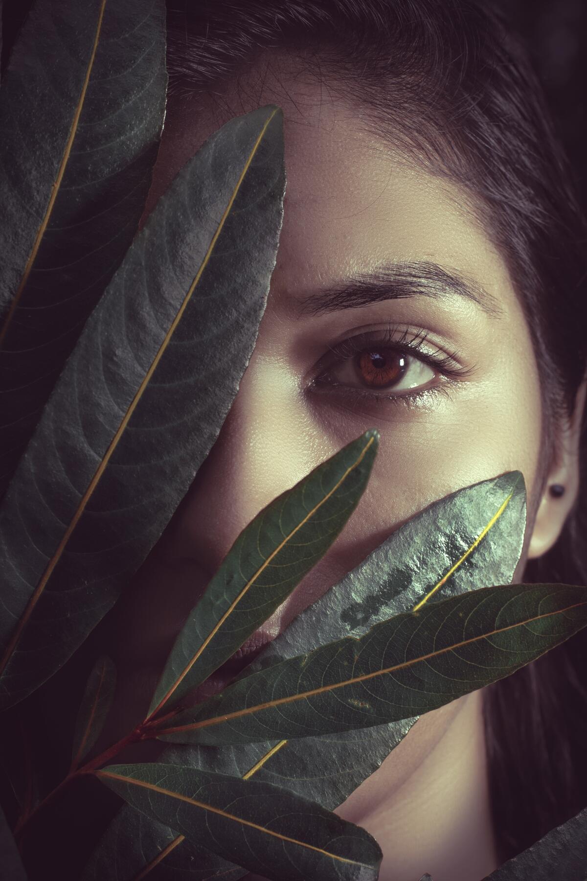 A girl with brown eyes hides her face behind a plant