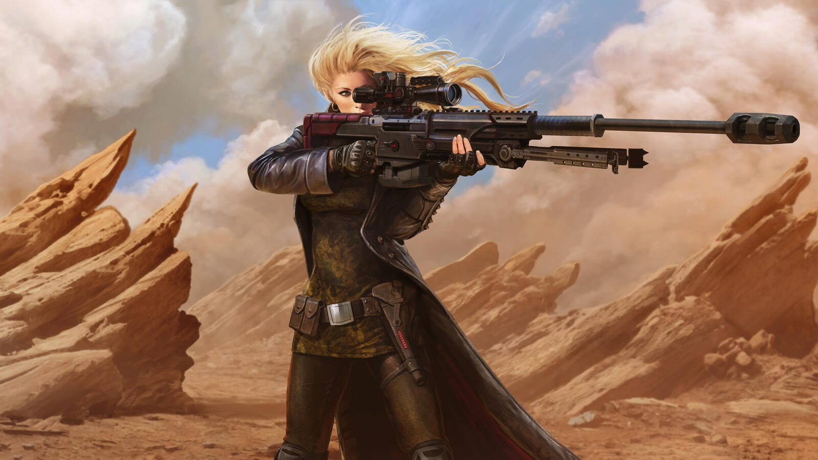 Бесплатное фото Рисунок девушки со снайперской винтовкой в руках