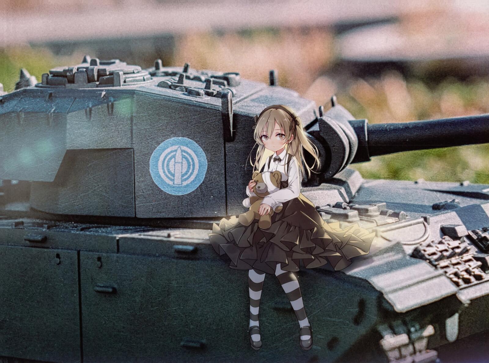 Free photo Anime girl sitting on a tank