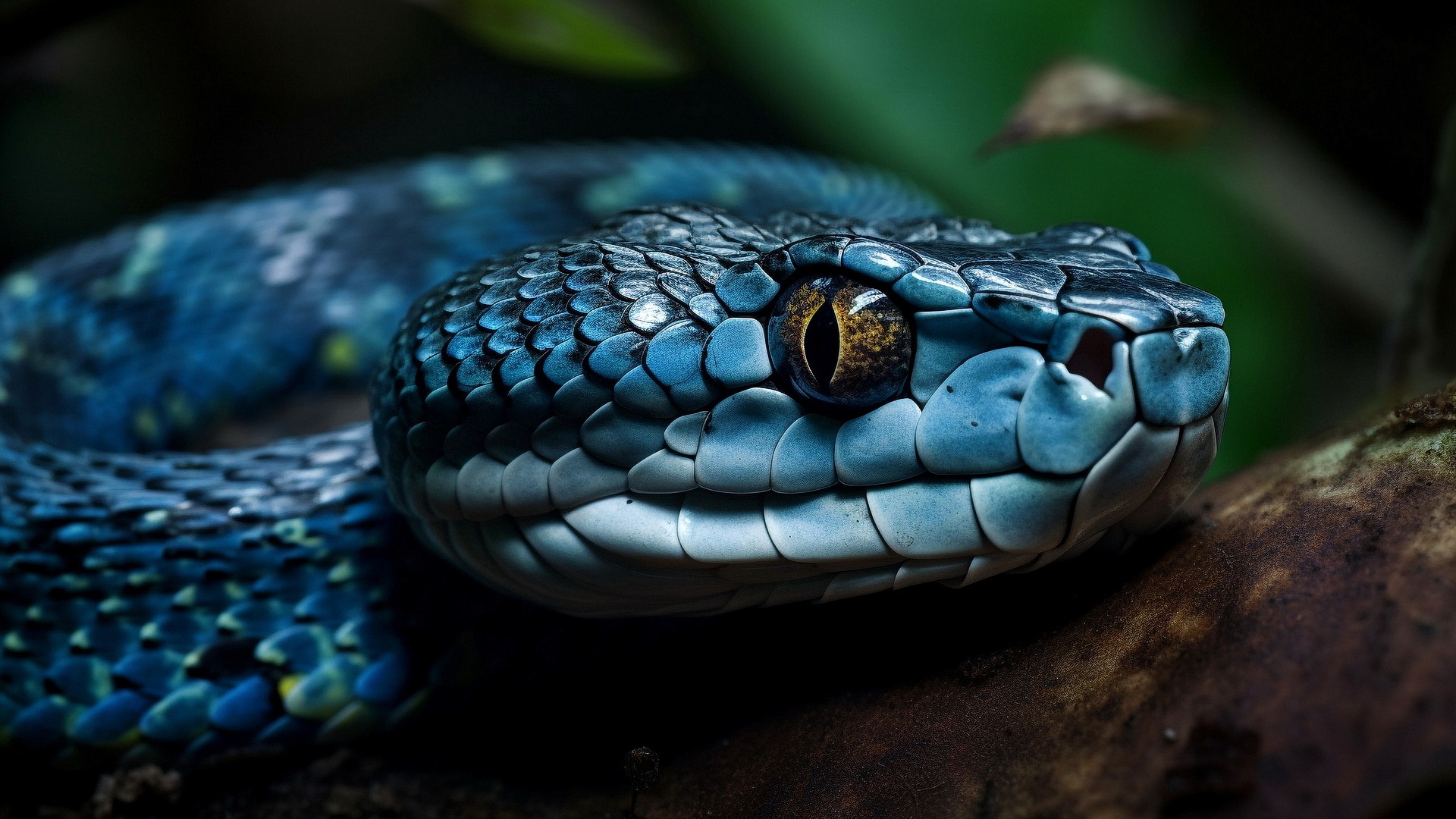 A blue snake on a tree branch
