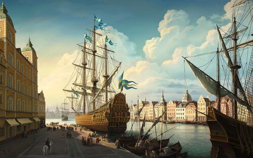 A harbor with wooden ships in ancient Stockholm