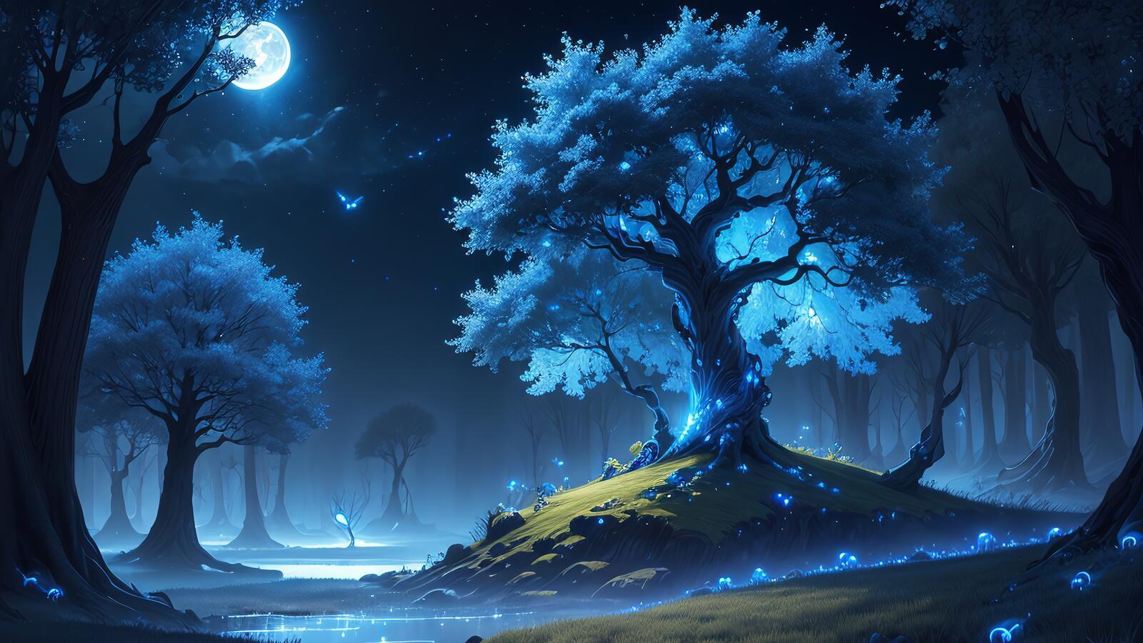 Бесплатное фото Сказочный ночной лес с Луной на небе