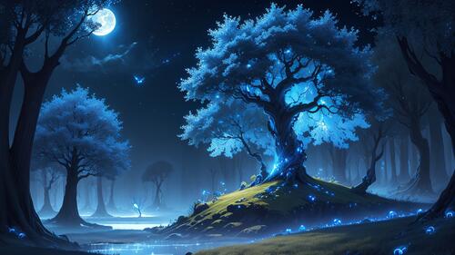Сказочный ночной лес с Луной на небе