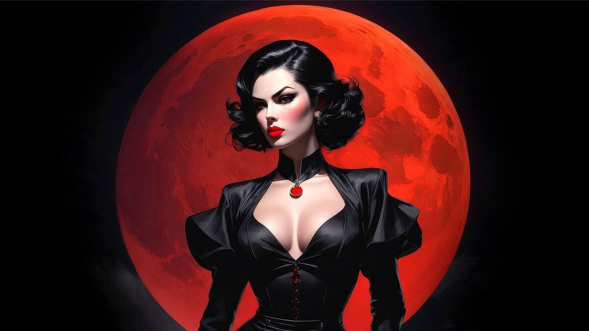 Девушка вампир на фоне красной луны