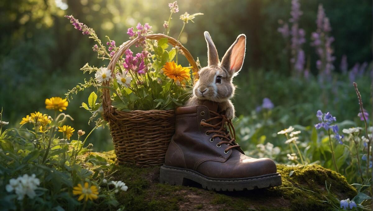 A rabbit sits inside of a basket of flowers on the ground
