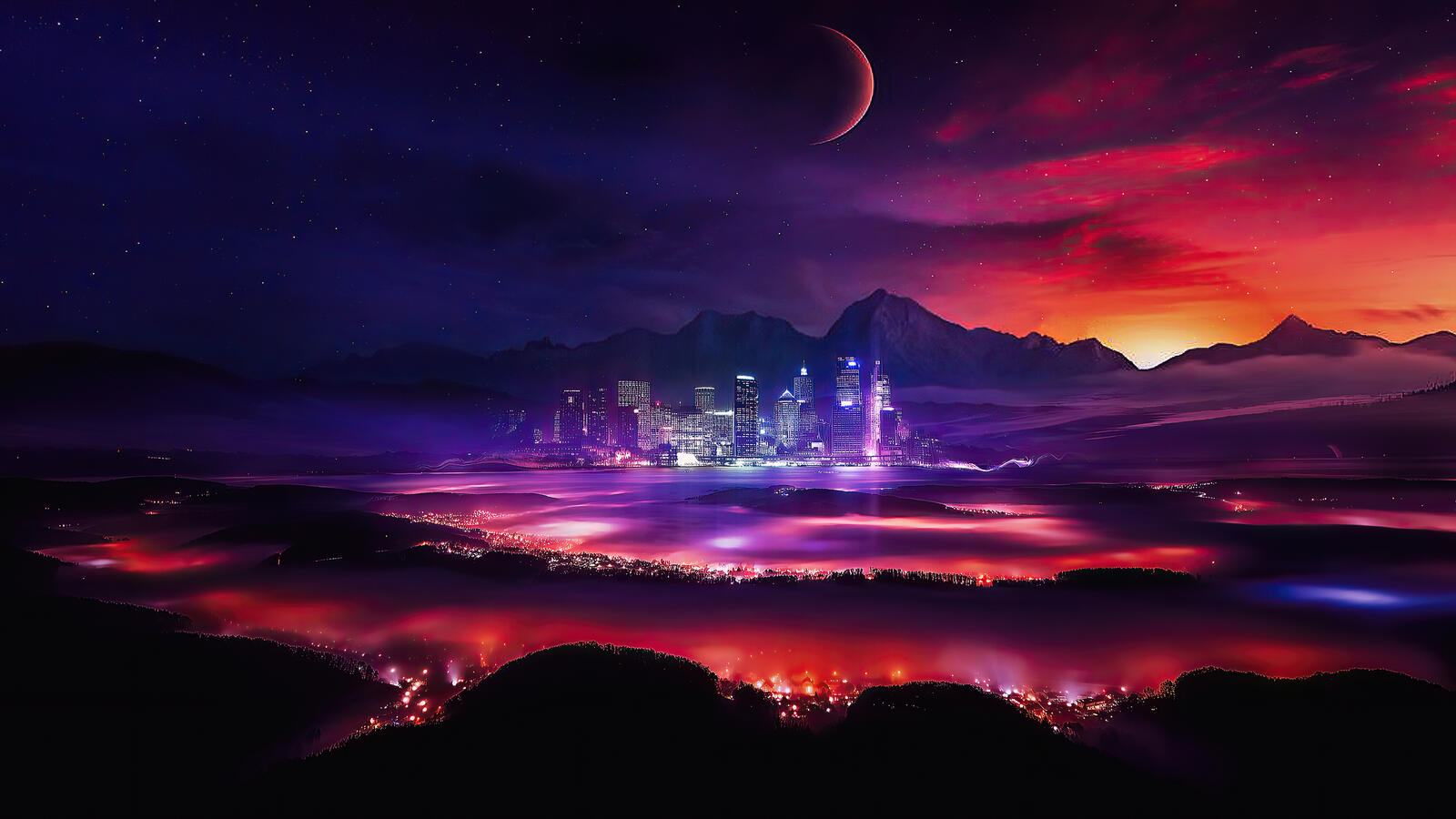 Бесплатное фото Футуристический город будущего в ночное время суток с огромной Луной