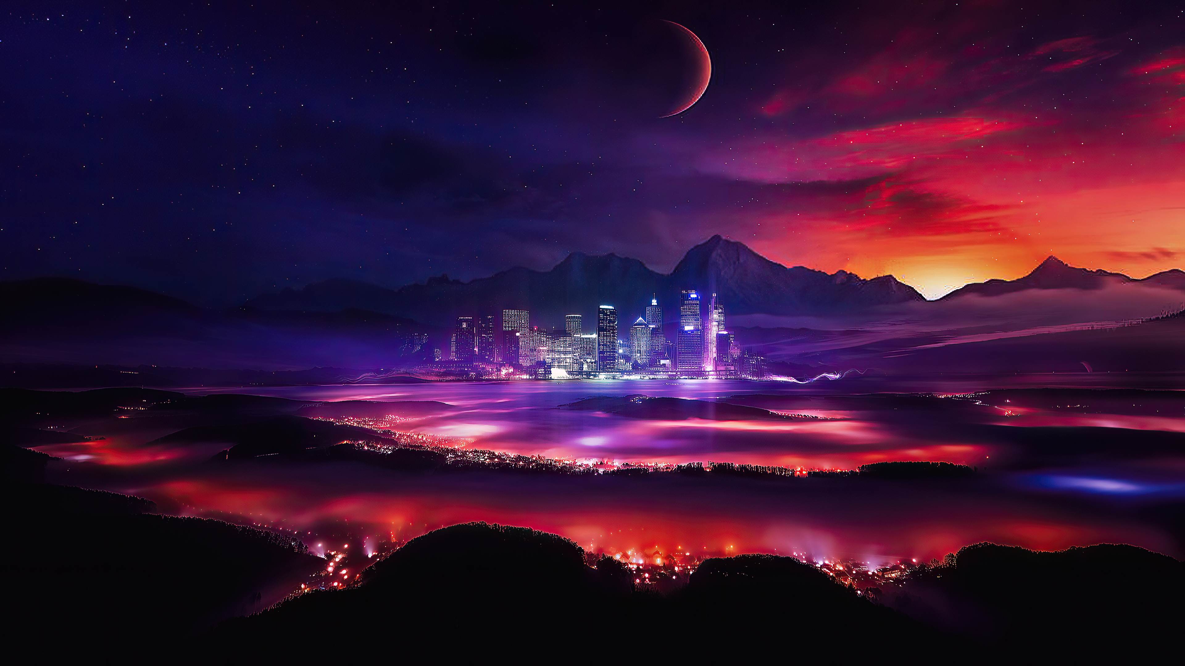 Free photo Futuristic city of the future at night with a huge moon
