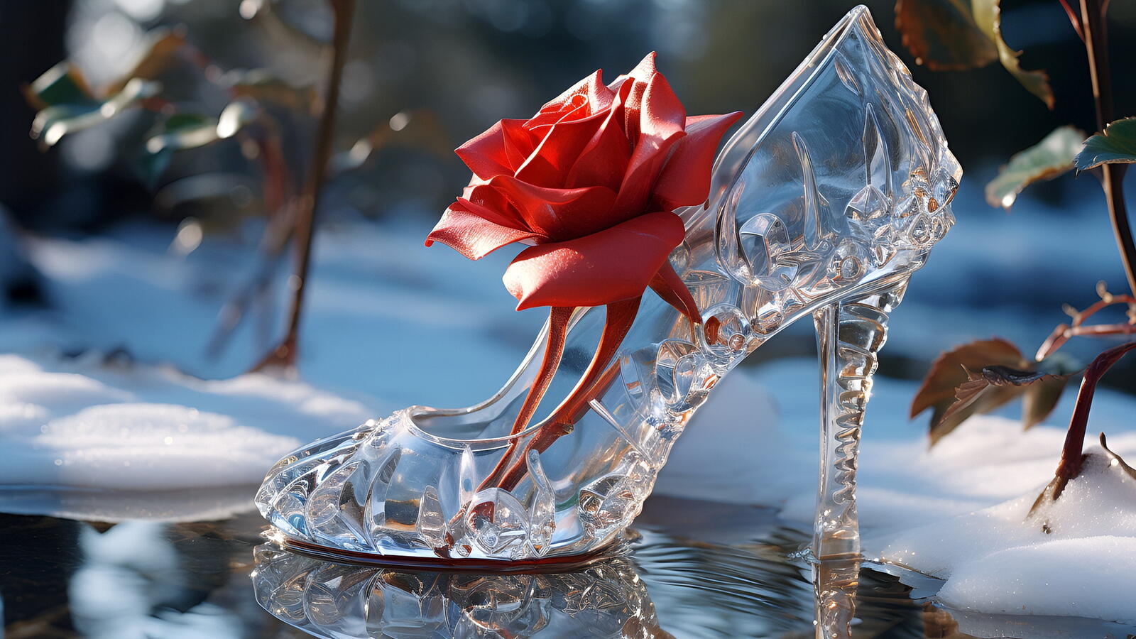 Free photo A crystal shoe in the snow.