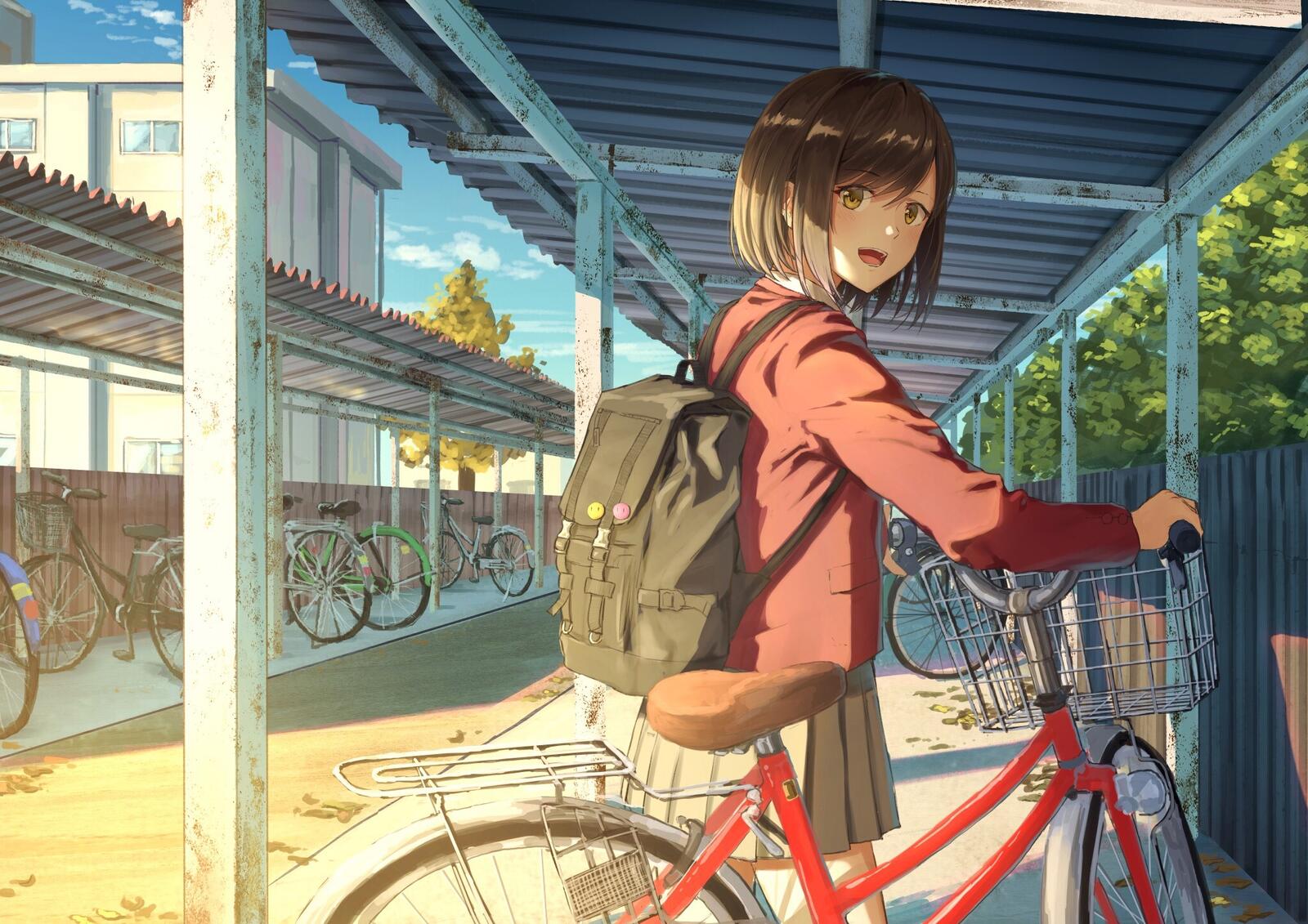 Бесплатное фото Аниме девушка с велосипедом