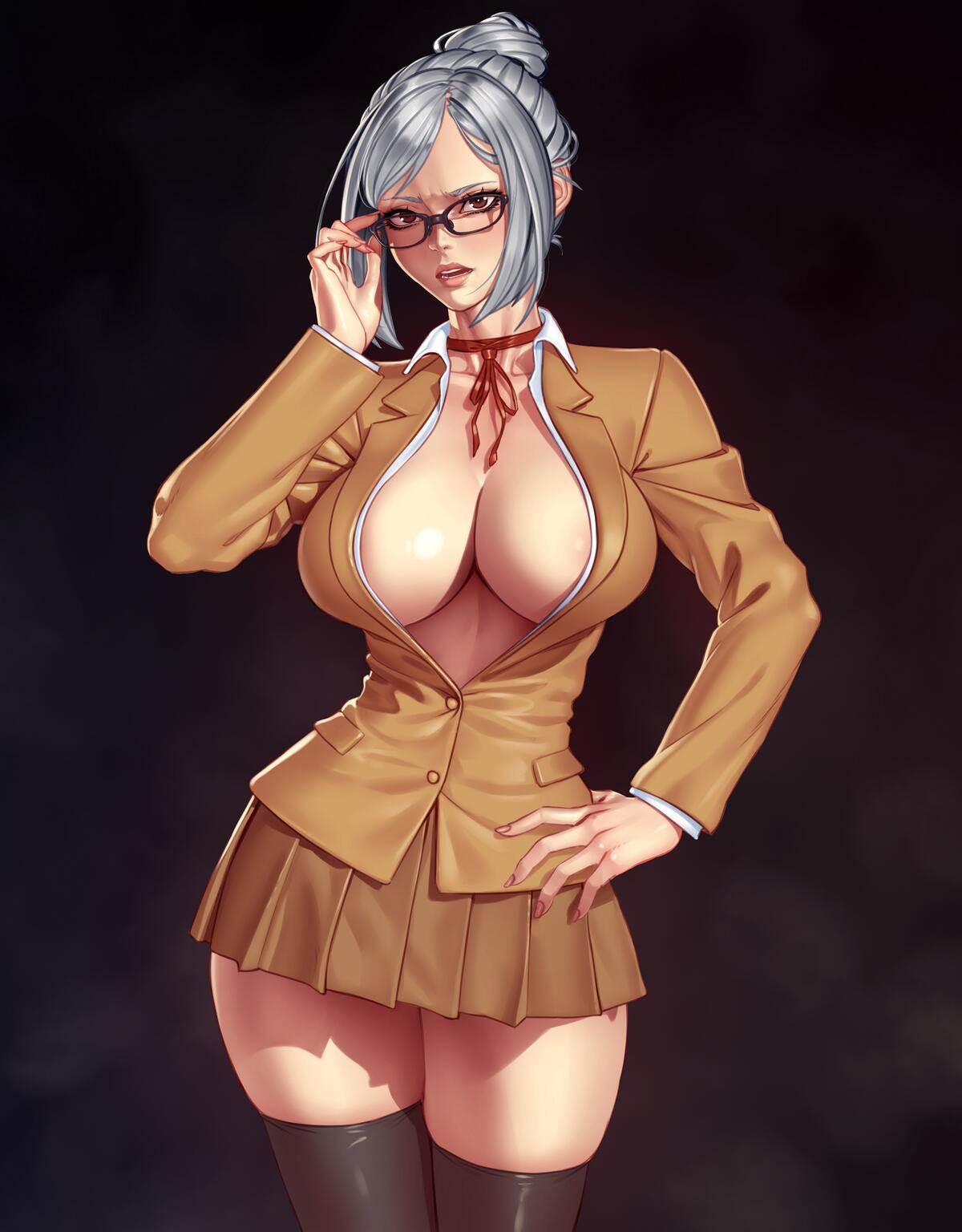 Drawing of a busty teacher with glasses