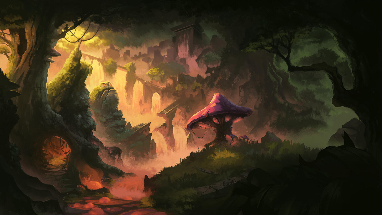 Бесплатное фото Фэнтезийный темный лес с большим грибом